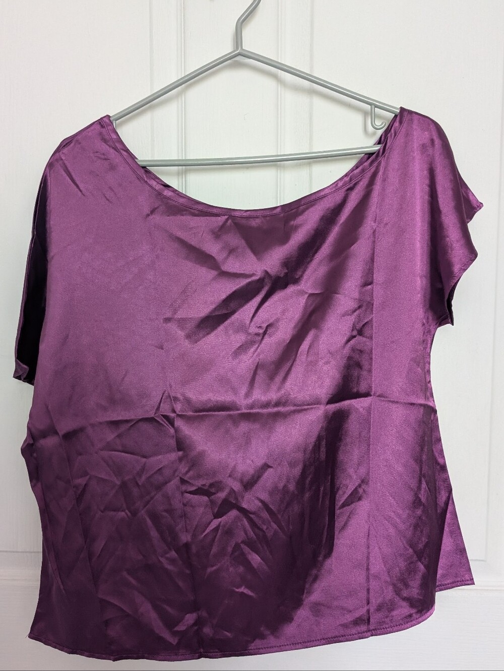 Women's Satin Scoop Neck Top With Asymmetrical Cut Sleeves Purple XL